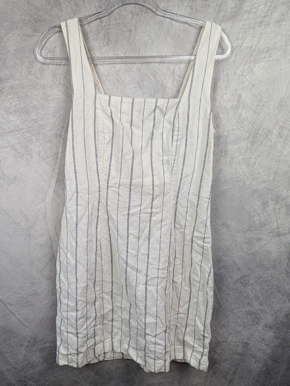 Old Navy Striped Linen Blend Smocked Pinafore Dress Cream Blue Medium M